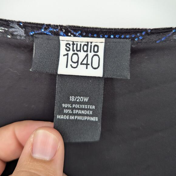 Studio 1940 Plus Velvet Floral Top 18/20W Black Blue Scoop Neck Blouse Babydoll - Picture 4 of 4